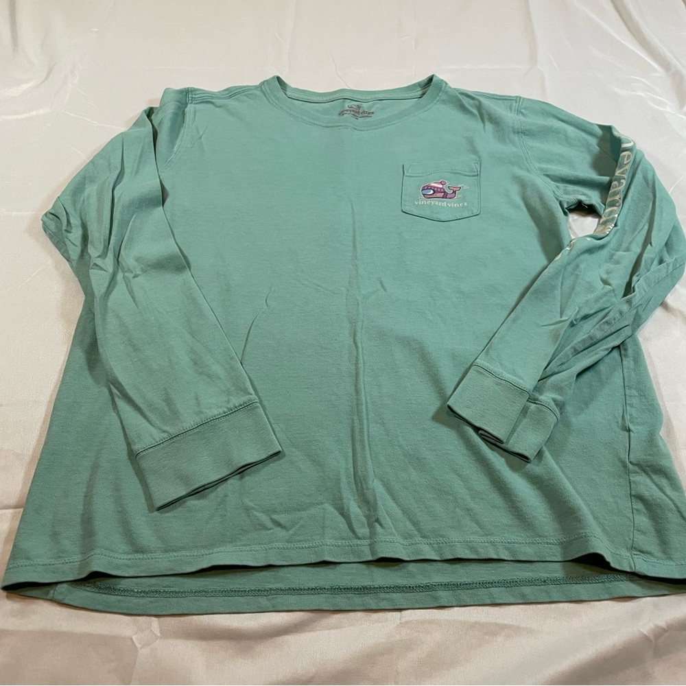 Vineyard Vines Boys XL 18 Skiing Whale Long Sleeve Pocket T-Shirt Green Cotton
